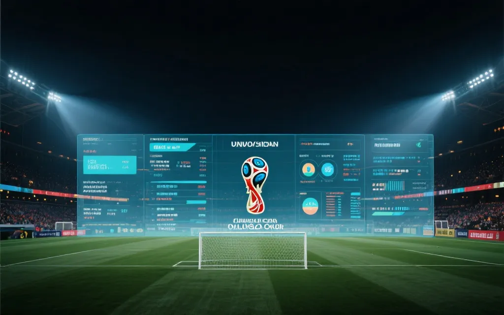 世界杯球场夜景与数据面板叠加的视觉概念图