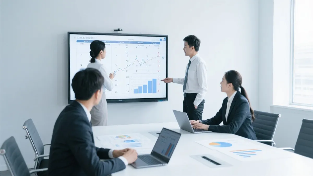 酒店与餐厅运营团队在会议室看板前进行需求预测与排班规划，数据与日历可视化