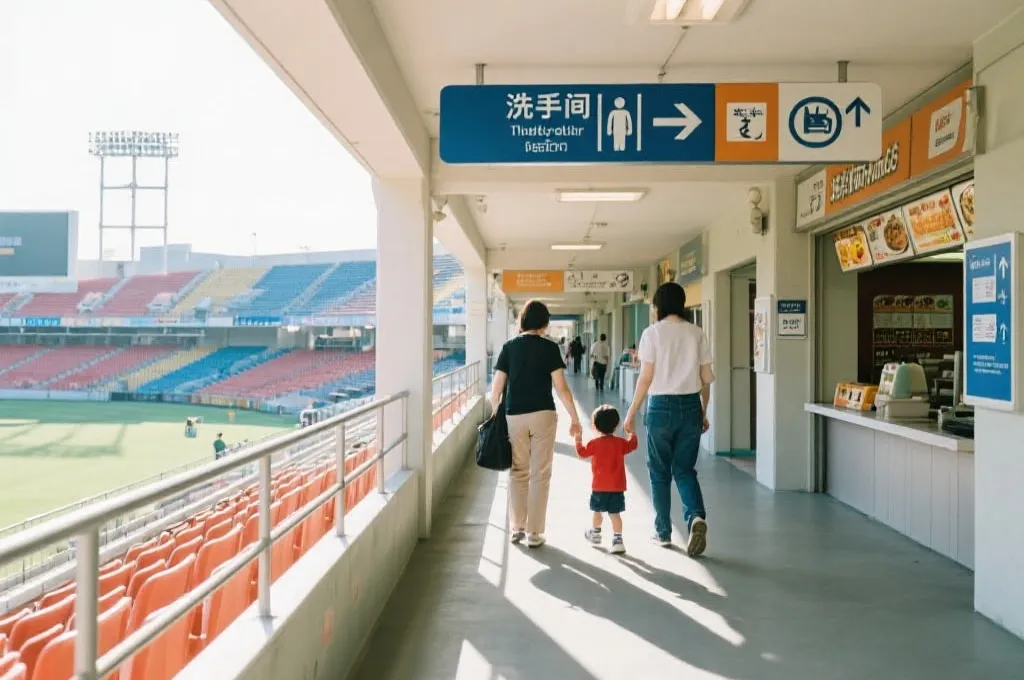 体育场看台通道与指示牌，家长牵着孩子寻找洗手间与餐饮点，干净明亮的纪实风